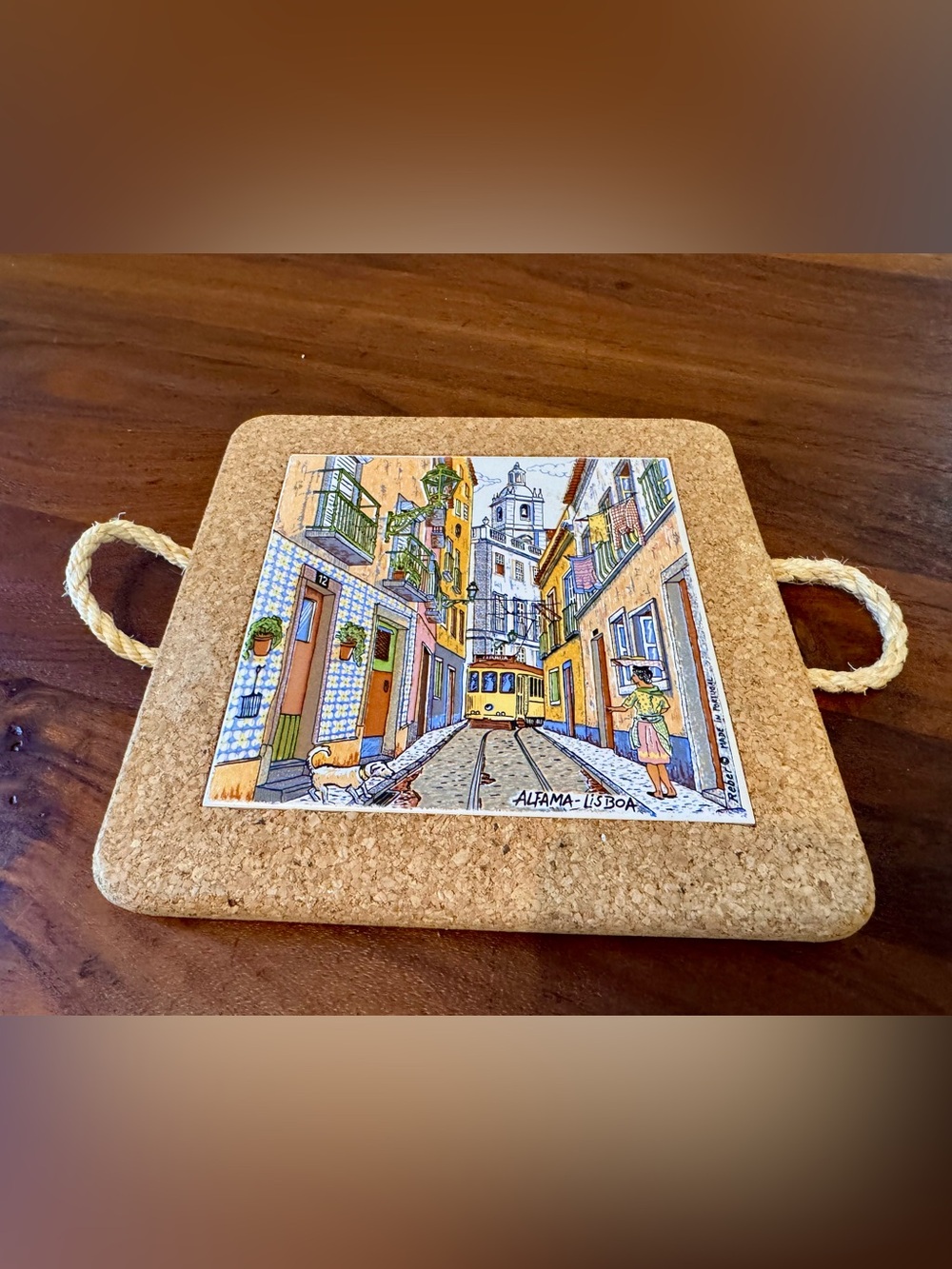 Decorative Alfama Lisboa Portugal Tile & Cork 8" X 8” Trivet Hot Pad Rope Handle